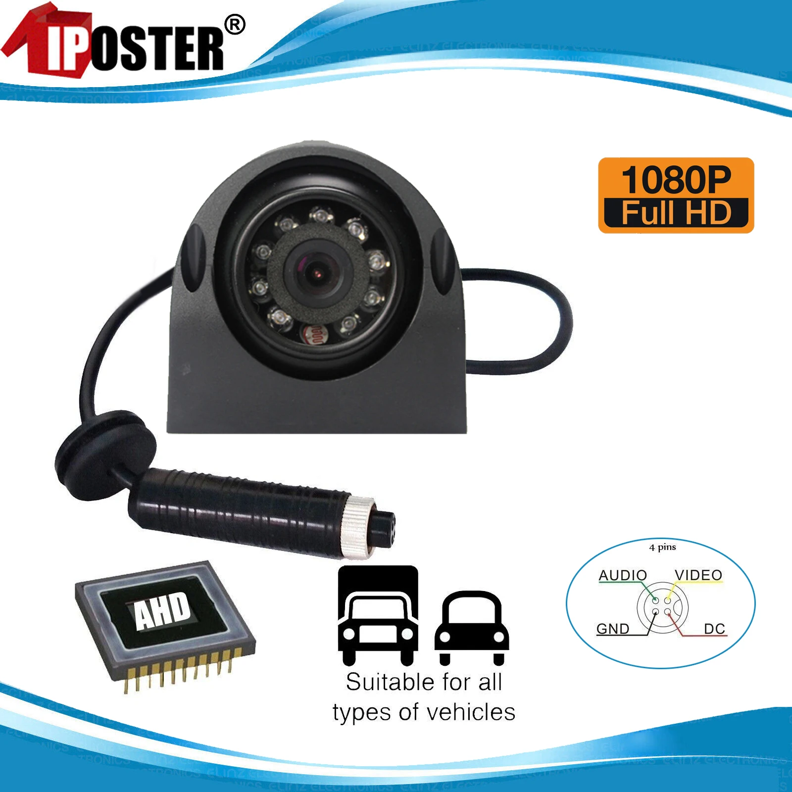 

iPoster 4PIN Aviation Connector AHD 1080P Side Rear View Camera 9 IR LEDs Waterproof For Truck MDVR Recorder System