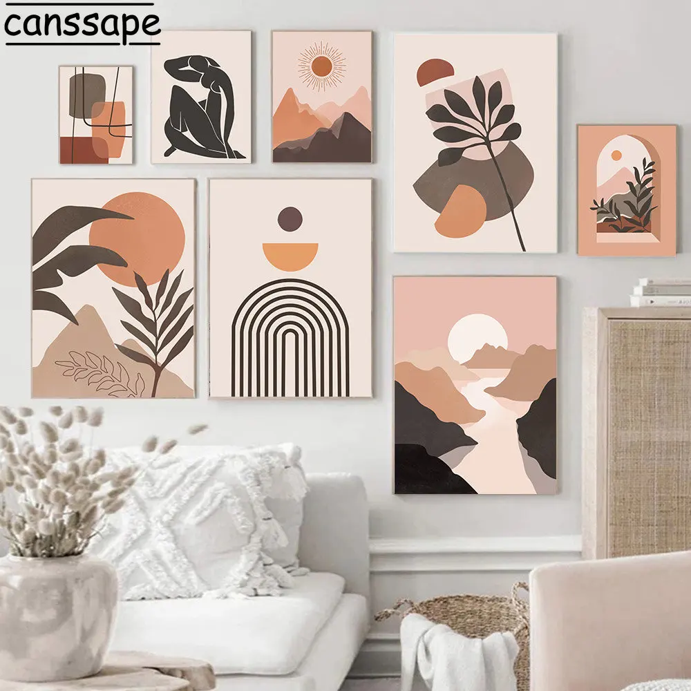 Boho Wall Art Leaf Painting Poster Sun Mountain Canvas Painting Figura Astratta Stampa Immagini Poster Nordici Decorazione Della Casa