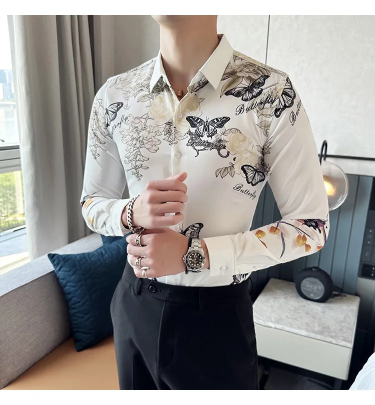 Men's Luxury Design Dress Shirt Long Sleeve Button Down Printed Shirt for Party Prom Wedding Shirt
