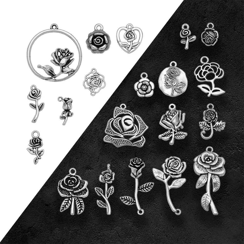 

Antique Silver Plated Rose Flower Charms Valentine'S Day Pendants For Diy Keychain Jewelry Making Findings Supplies Accessories