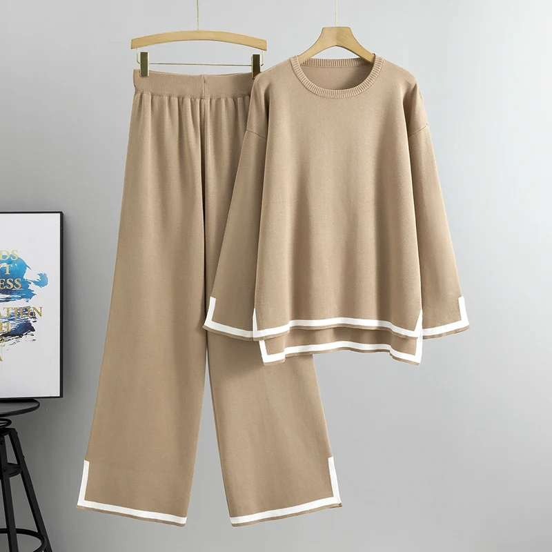 

Spring Elegant O-neck Side Slit Pullover Long Sleeve Sweater+wide Leg Pants 2 Piece Sets Womens Casual Sweatshirts