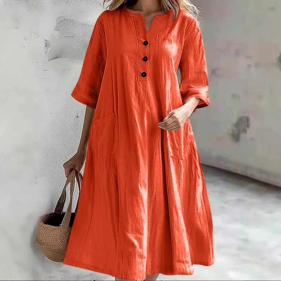 Cotton Linen Casual Beachwear Dress for Women