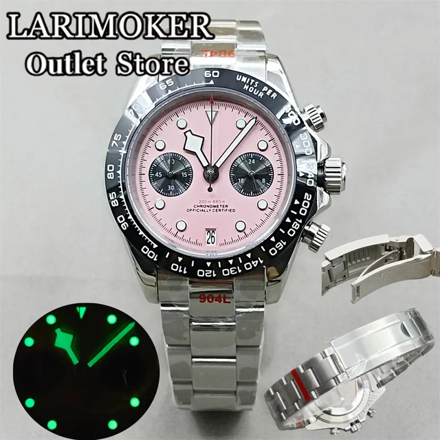 39mm Chronograph Quartz VK64 Quartz Stainless Steel Bracelet for Sapphire Glass Waterproof Dial Green Luminous Men Watch