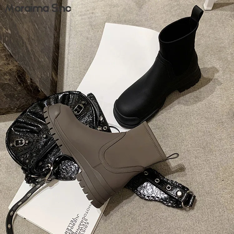 Simple Stitching Leather Elastic Booties Round Toe Thick Heel Soft Comfortable Boots Slip On Fashion Casual Elastic Women's Boot