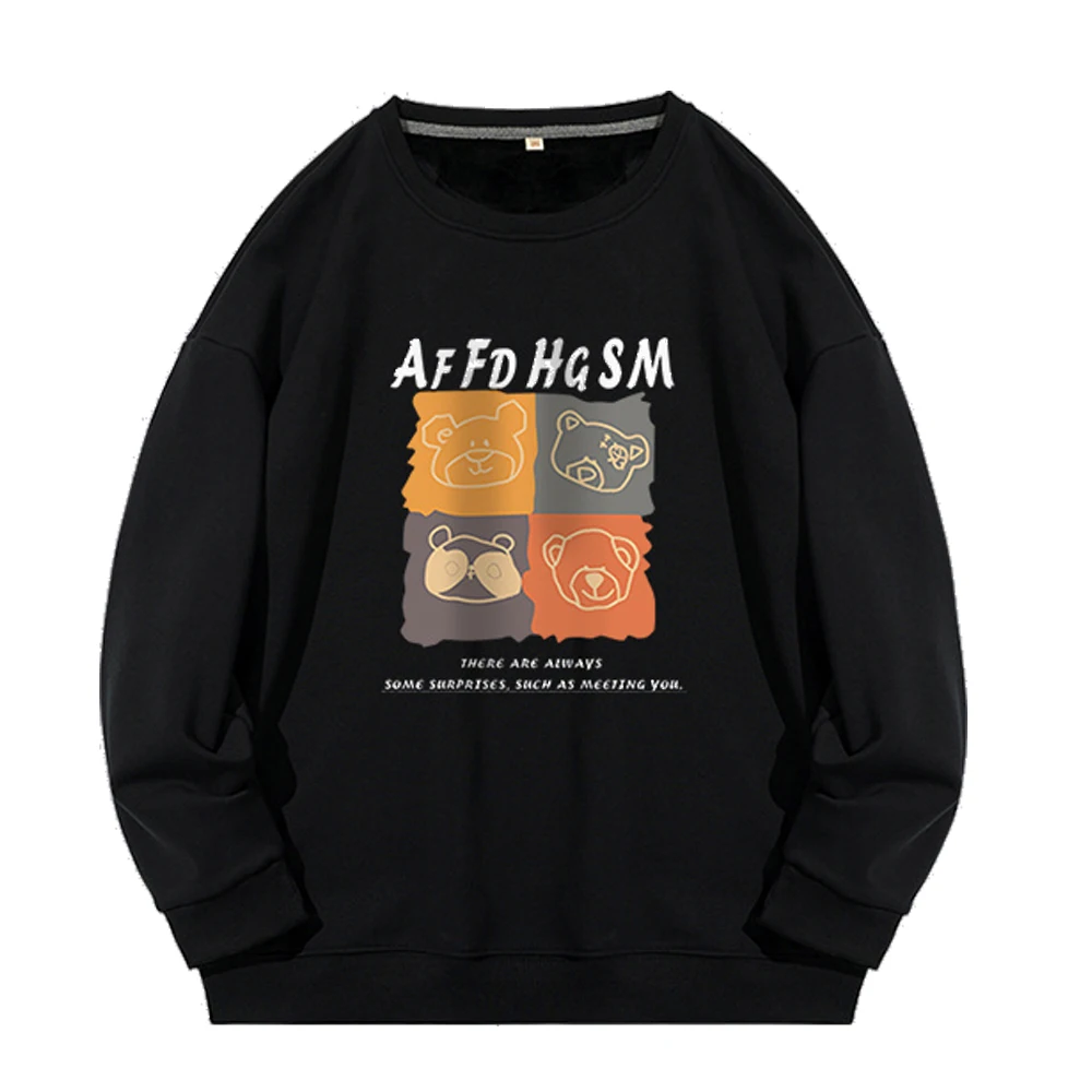 

500g Cotton High Quality American Retro Men Women Oversized Hoodies Cute Bear Print Winter Fleece Long Sleeve Pullover Top