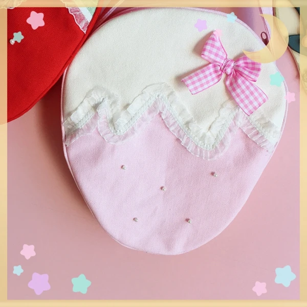 Japanese Handmade Homemade Lolita Bags Female Soft Girl Macaron Pearl Strawberry Fungus Edge Bow Messenger Bag Girl Canvas Bag 3