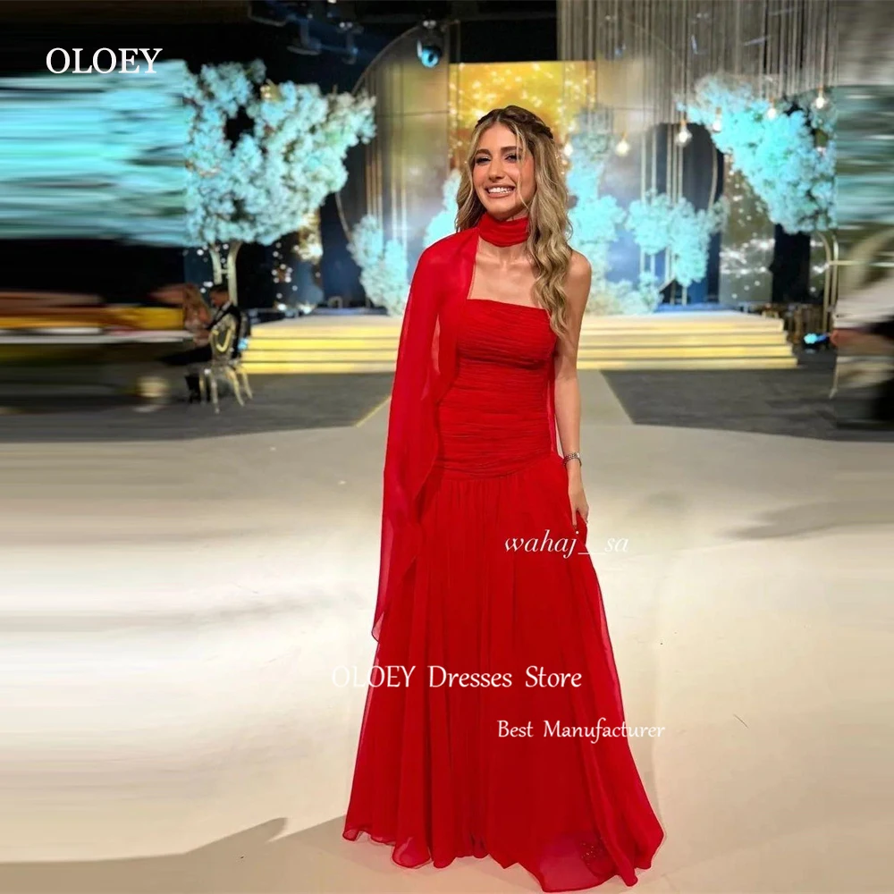 

OLOEY Simple Red Chiffon Evening Dresses Saudi Arabic Women Strapless Shawl Floor Length Party Prom Gowns Formal Occasion Dres