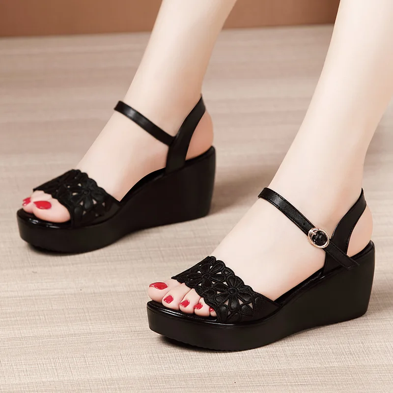 Women sandals women wedges heels shoes New Summer Chunky Platform Wedges Shoes Soft Leather Medium Heels Sandals Women Floral Cutout Black Beach Sandal Mom