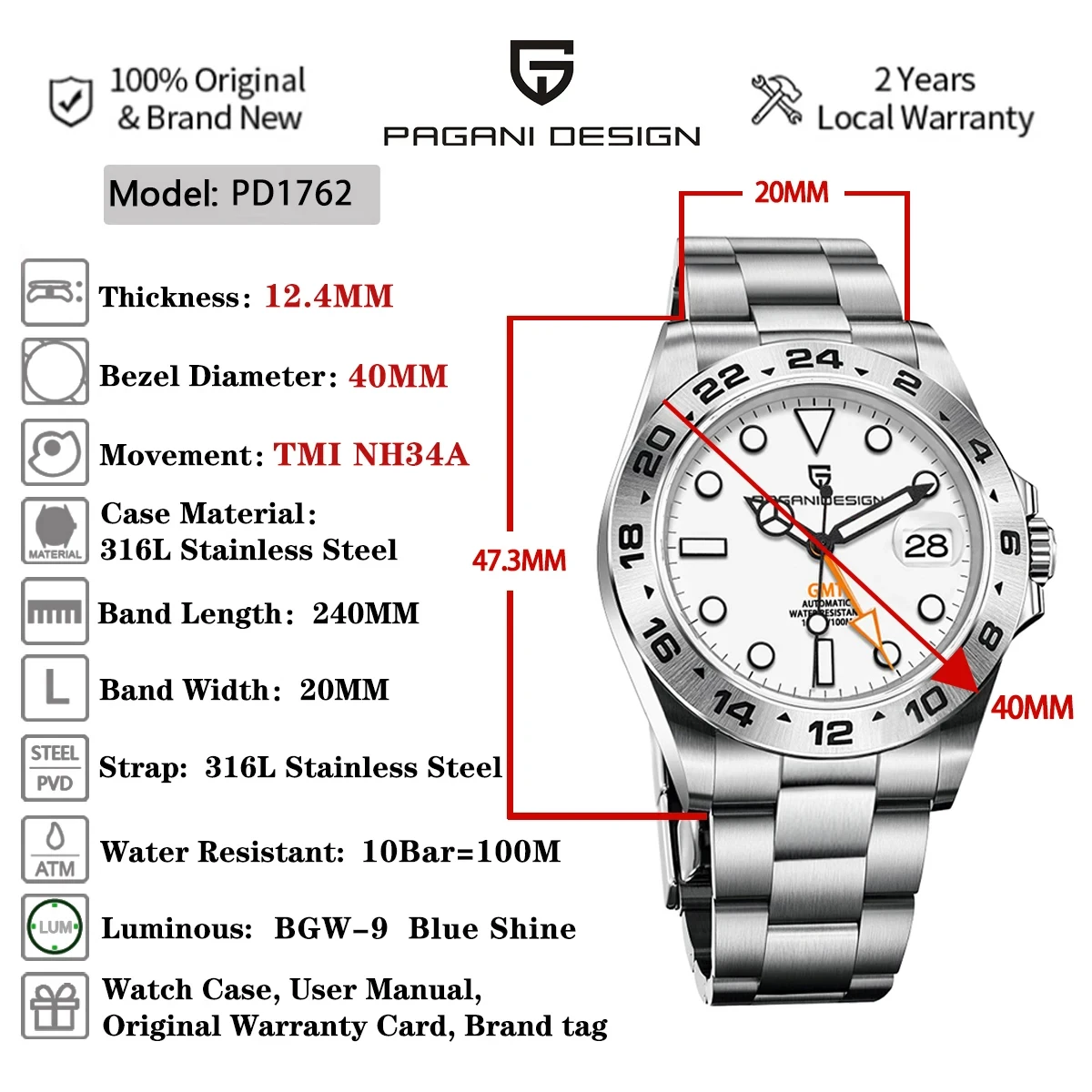 2023 New NH34 PAGANI DESIGN GMT 40MM Men Automatic Mechanical Watches Sapphire Stainless Steel Waterproof AR Clock Reloj Hombre