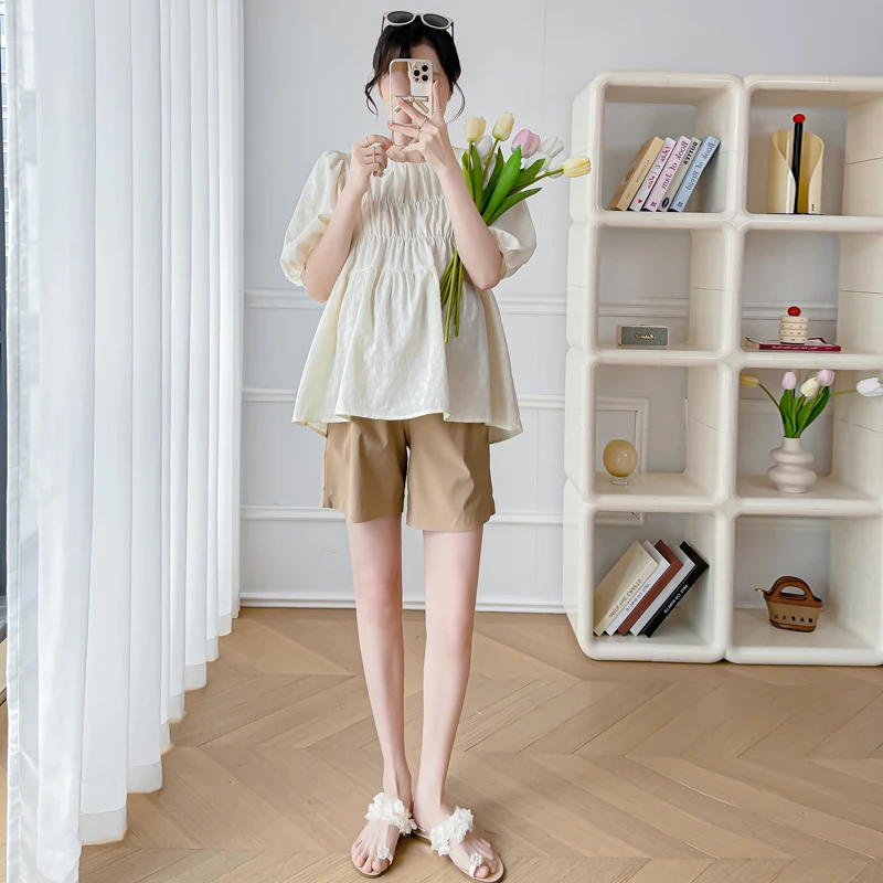 Pregnant Women Summer Loose Short Sets Fashion Jacquard Pleated Doll Shirts Belly Shorts Twinset Plus Size Maternity Clothes Set