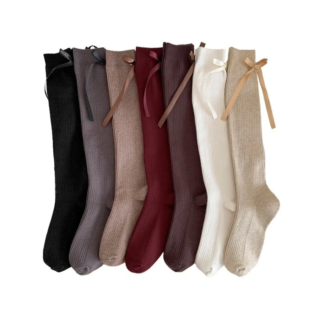 Modische einfarbige Lolita-Socken mit Schleifenband, atmungsaktiv, dick gestrickt, Beinwärmer, warme Kniestrümpfe für den Winter – Detail 8