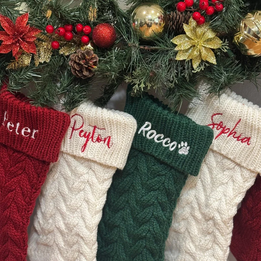 Personalized Embroidered Family Christmas Stockings, Custom Knitted Stockings With Name, Monogram Stocking, Holiday Decor Gifts
