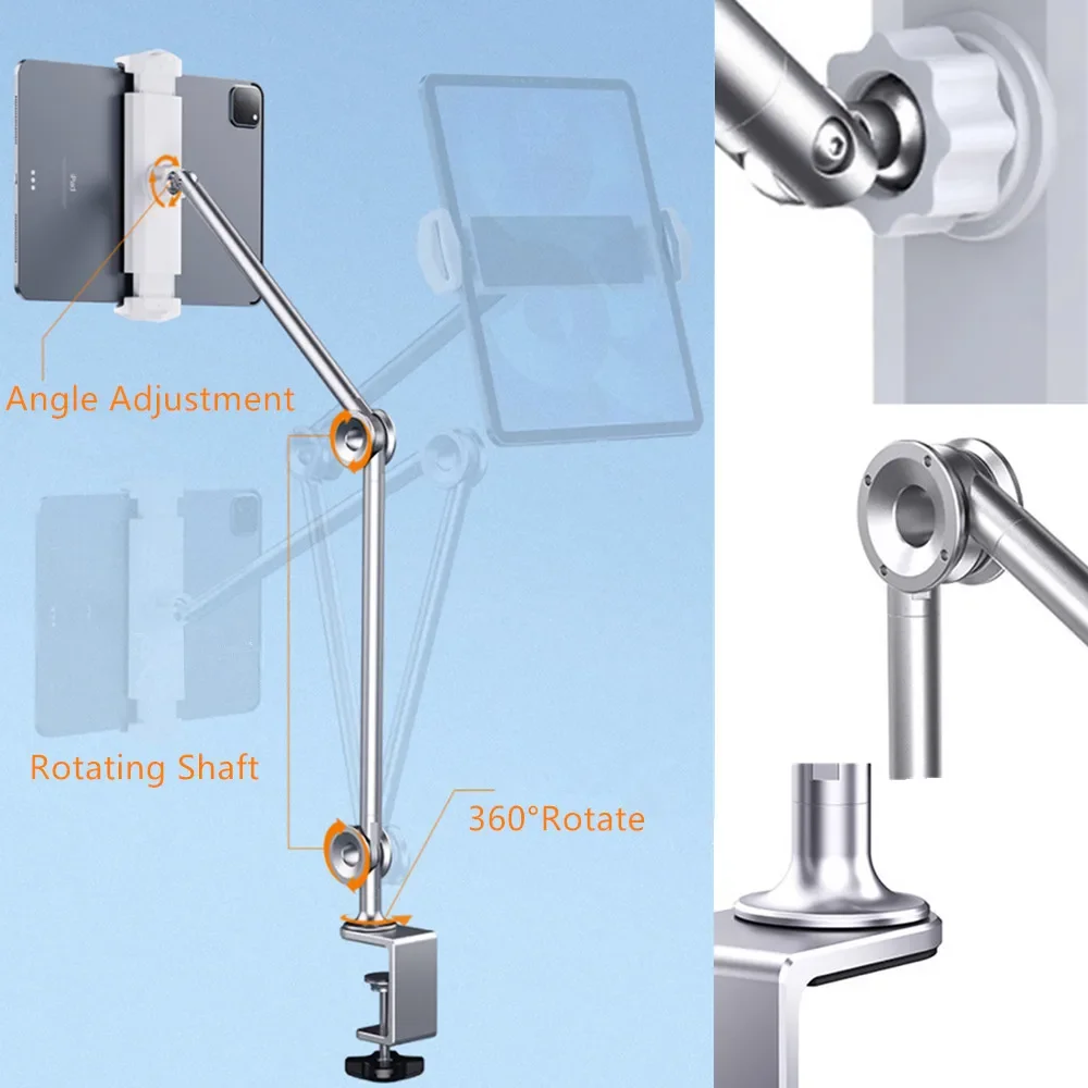 Metal Tablet Stand Holder for Desk 360° Rotating Foldable Lazy Arm Tablet Mount for iPad Air Pro Mini 4-13 inch Tablet Cellphone