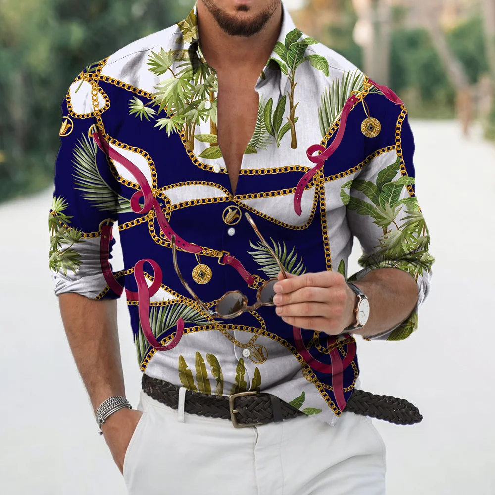 thumbnail image 1 of Camisa de manga larga informal con cuello vuelto y estampado de estilo lujoso para hombre, ropa de calle de moda, tops de tendencia, ropa para hombre, 1 of 5