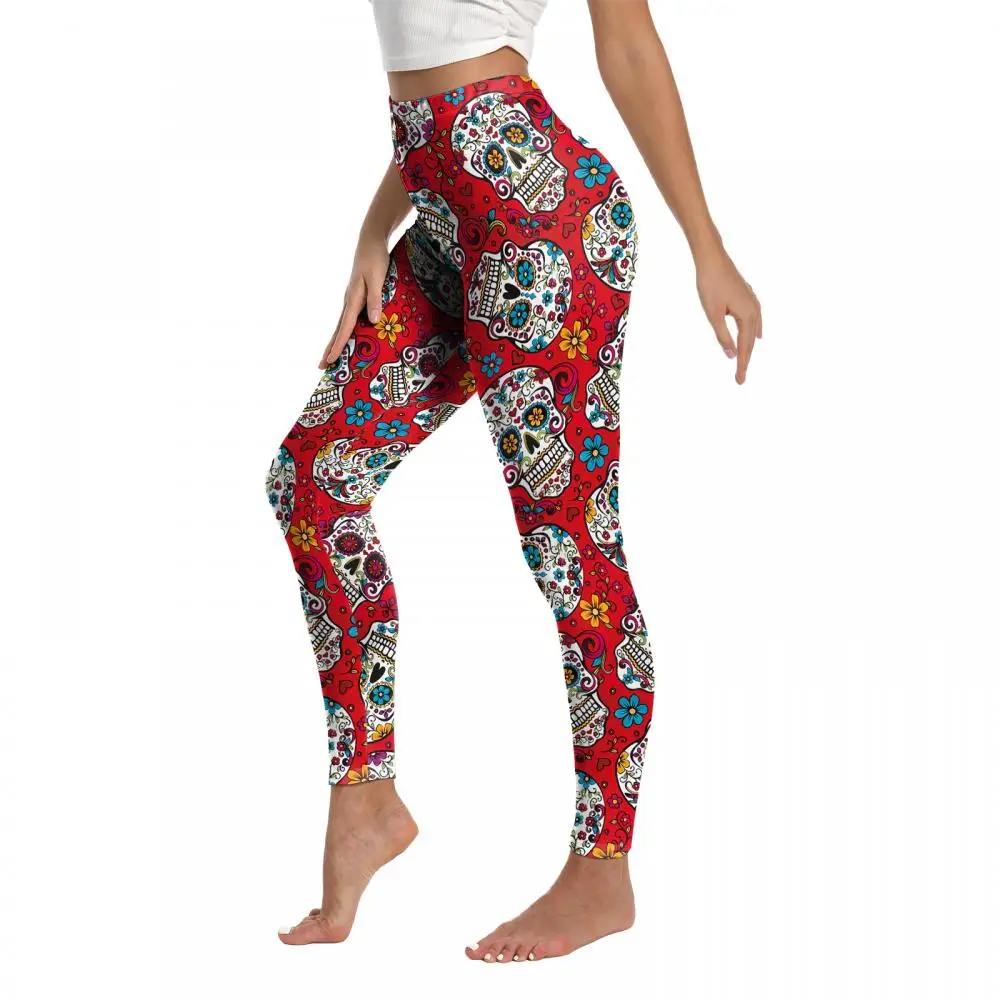 Nadanbao Halloween-Leggings mit Blumen- und Totenkopf-Motiv, Damen-Hosen mit hoher Taille, weiche, elastische Hosen, Hosen für den Tag der Toten. – Detail 7