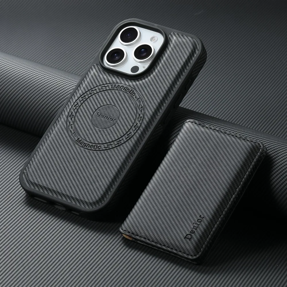 Sleek Carbon Fiber Pattern Detachable Wallet Case with Card Holder & Shockproof Protection