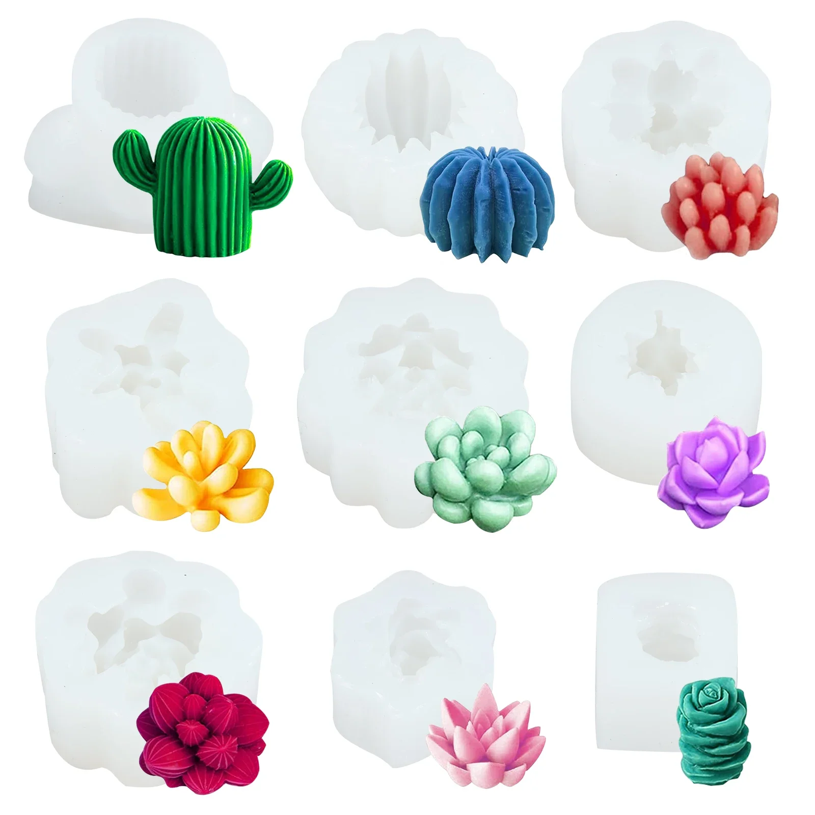 9Pc Succulent Silicone Mold 3D Succulent Cactus Candle Molds Creative Resin Mold Safe Cactus Flower Resin Casting