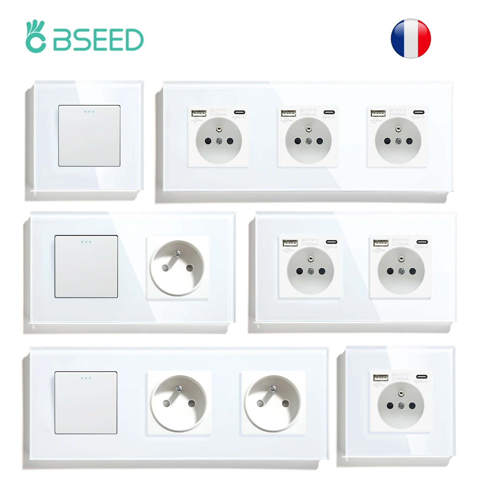 Bseed-interruptores Mecânicos de Luz de Parede 1way Plus Tomada Francesa Portas Usb tipo c Moldura de Vidro Gang Gang 3gang 16a