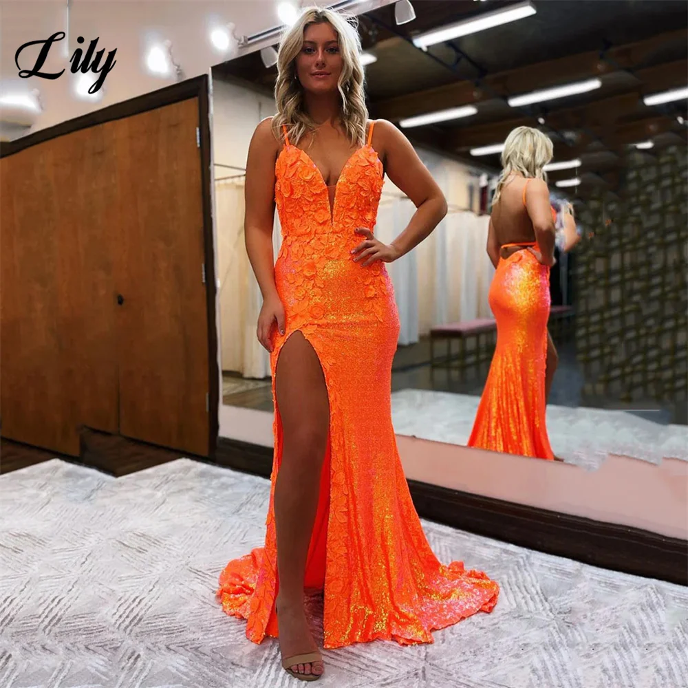 

Оранжевое платье для выпускного вечера с V-образным вырезом и блестящими аппликациями, вечернее платье на бретелях-спагетти с Боковым Разрезом и юбкой-годе