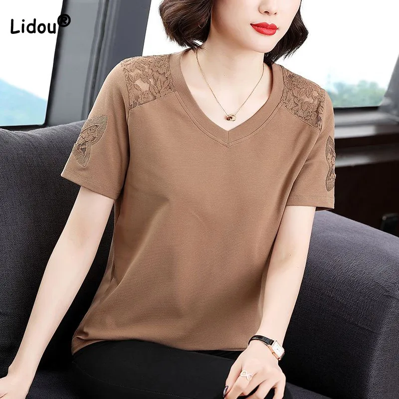 

Fashion Chic Lace Spliced Solid Color Tops Women's Clothing 2023 Summer Casual Commute Female Short Sleeve Pullovers T-shirt