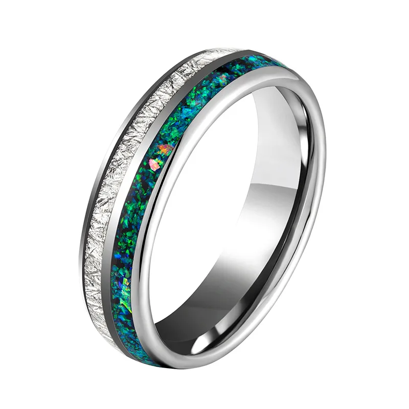 

6mm Width Tungsten Finger Rings for Wedding Inlay Green Opal&Meteorites Woman Man Gift Band Size 6-14 Free Shipping