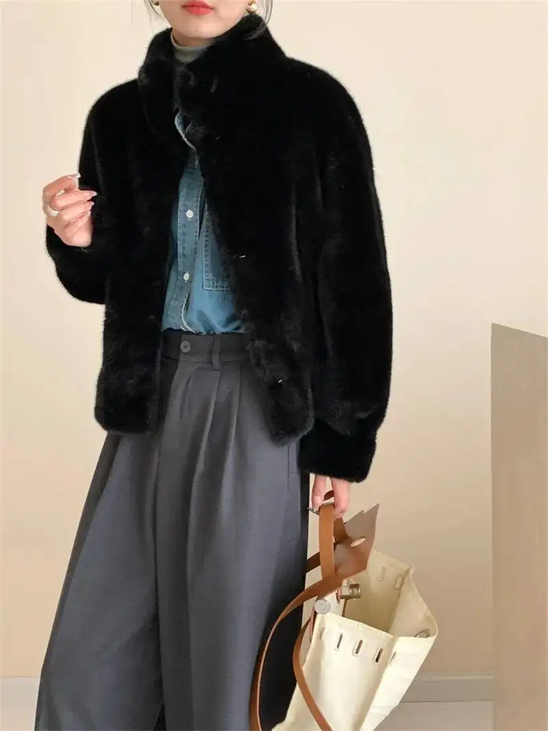 LANMREM Eco-friendly Mink Fur Windproof Stand Collar Faux Mink Coat For Women Warm Winter Thick Jackets With Pockets 2DB5167