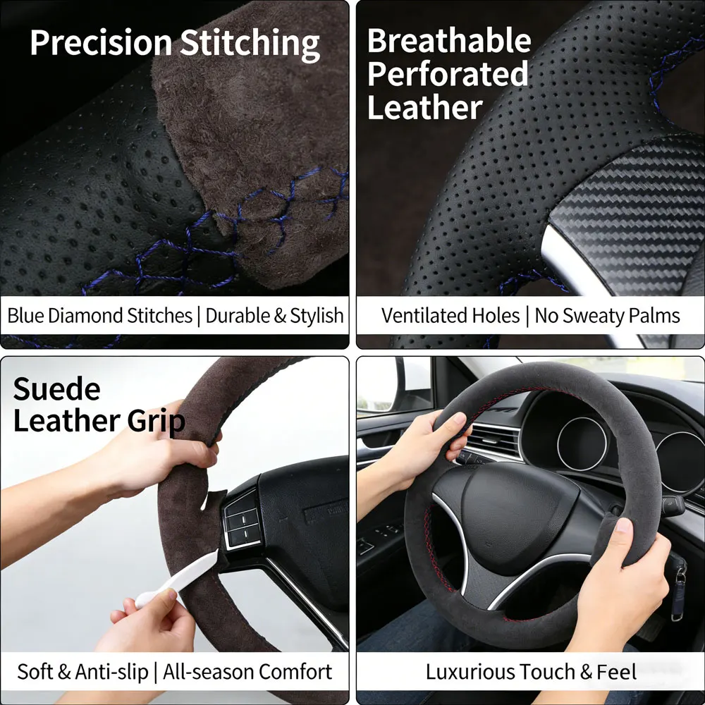 Premium Suede Leather Steering Wheel Cover - Luxury Auto Accessory Grip Cover