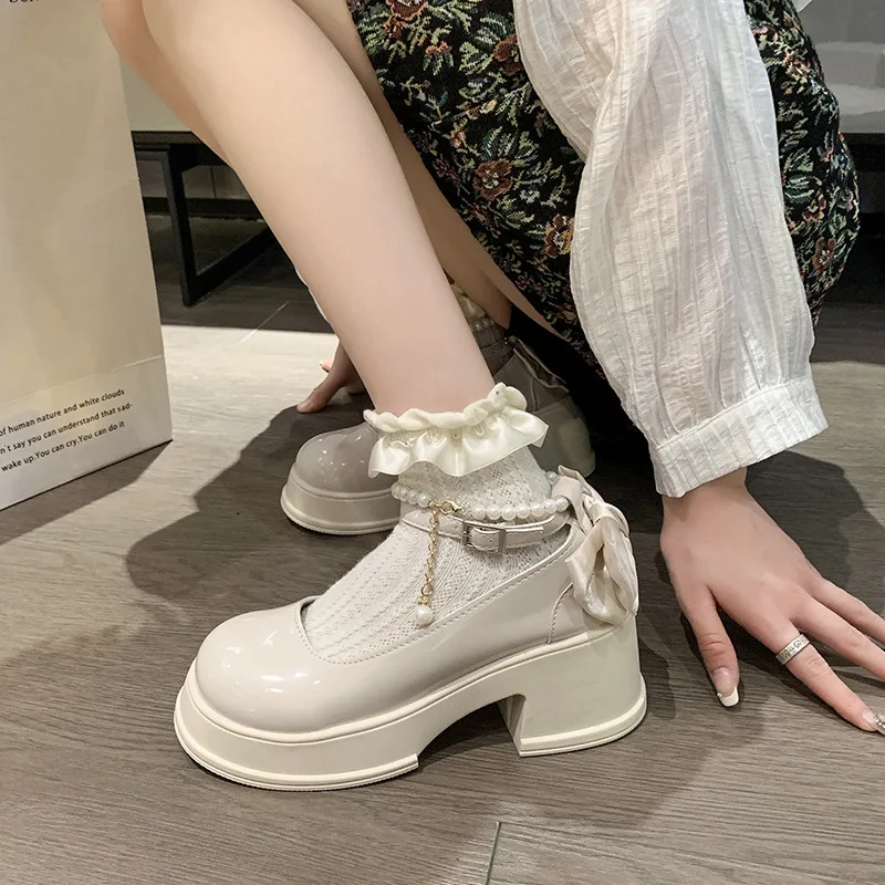Chaussures Lolita à Nœud Doux Pour Femmes, Dentelle Ouverte Sur Le Côté, Volants, Chaîne De Perles, Sangle Croisée, Mary Essence, Escarpins à Plateforme, été