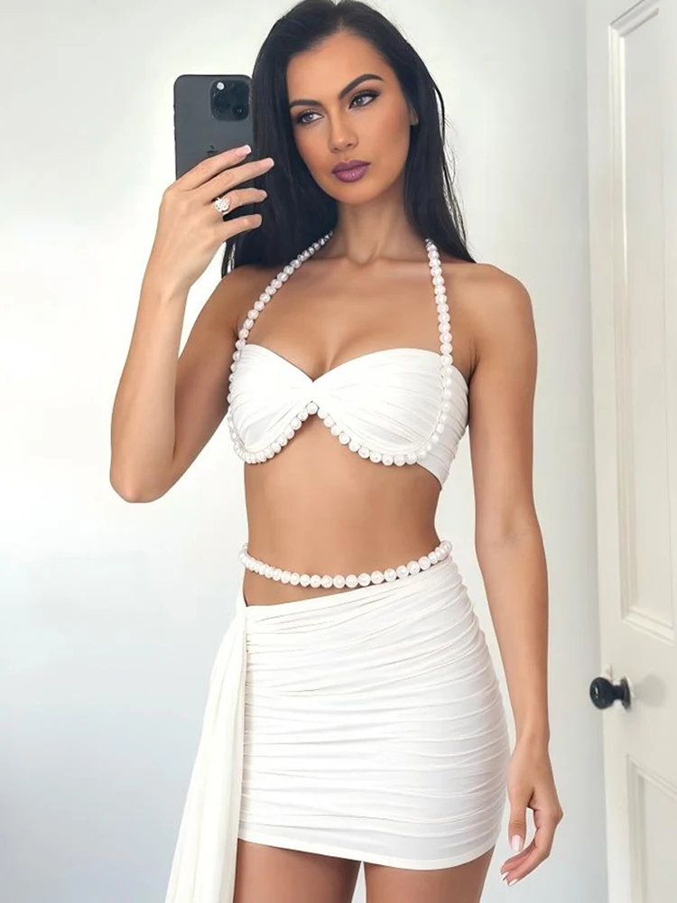 Nibber Beach Party Sexy 2Piece Set Women Halter Low-Neck Bra+Long Tassel Folds Skirt  Pearl Chain Decoration Sweet Matching Suit