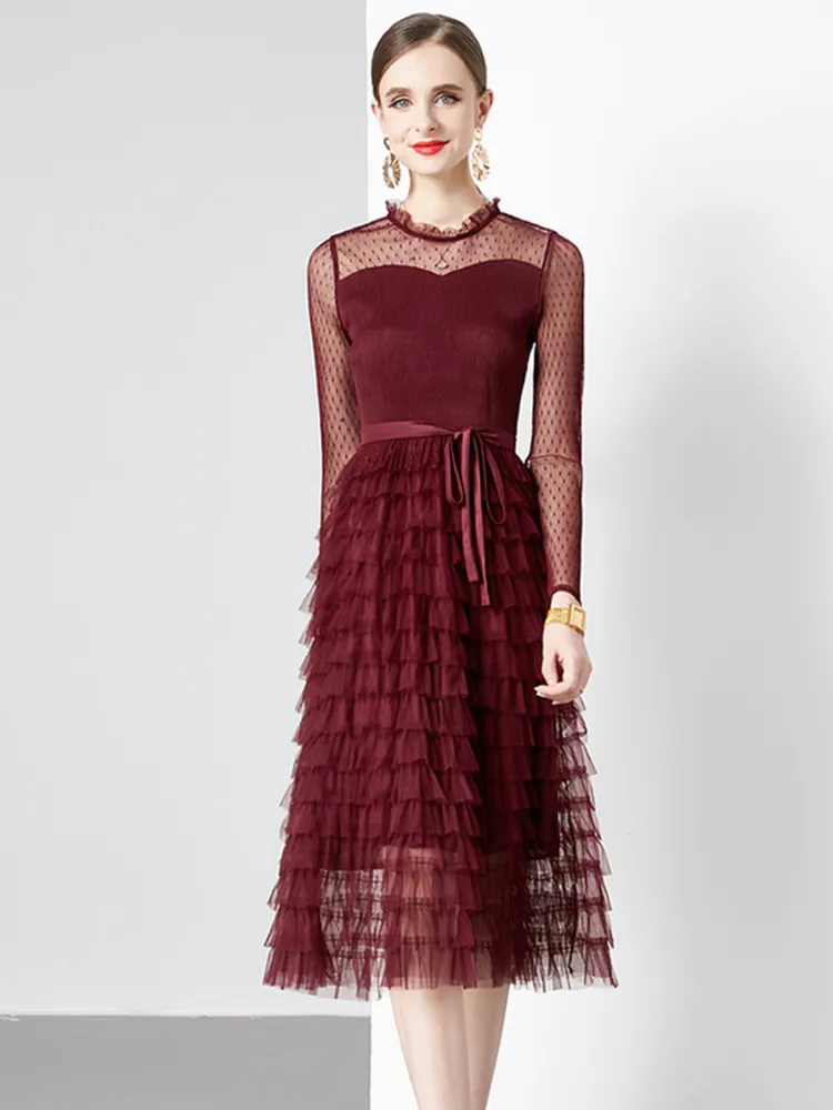 

Autumn New Stylish Elegant Mesh Long Dress Women Long Sleeve Dot Embroidery Patchwork Mesh Cascading Ruffles Pleated Vestidos