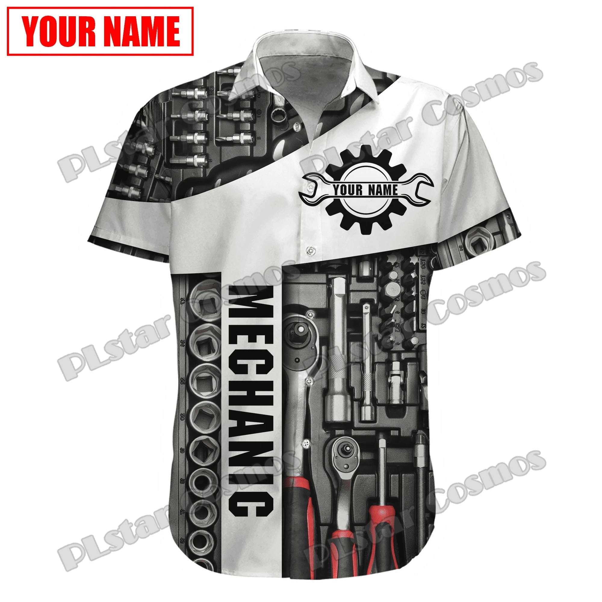Personalisierter Name Mechaniker Totenkopf 3D-gedrucktes Herren-Hawaii-Hemd Sommer Unisex Casual Beach Kurzarm-Knopfhemd SH07 – Detail 12