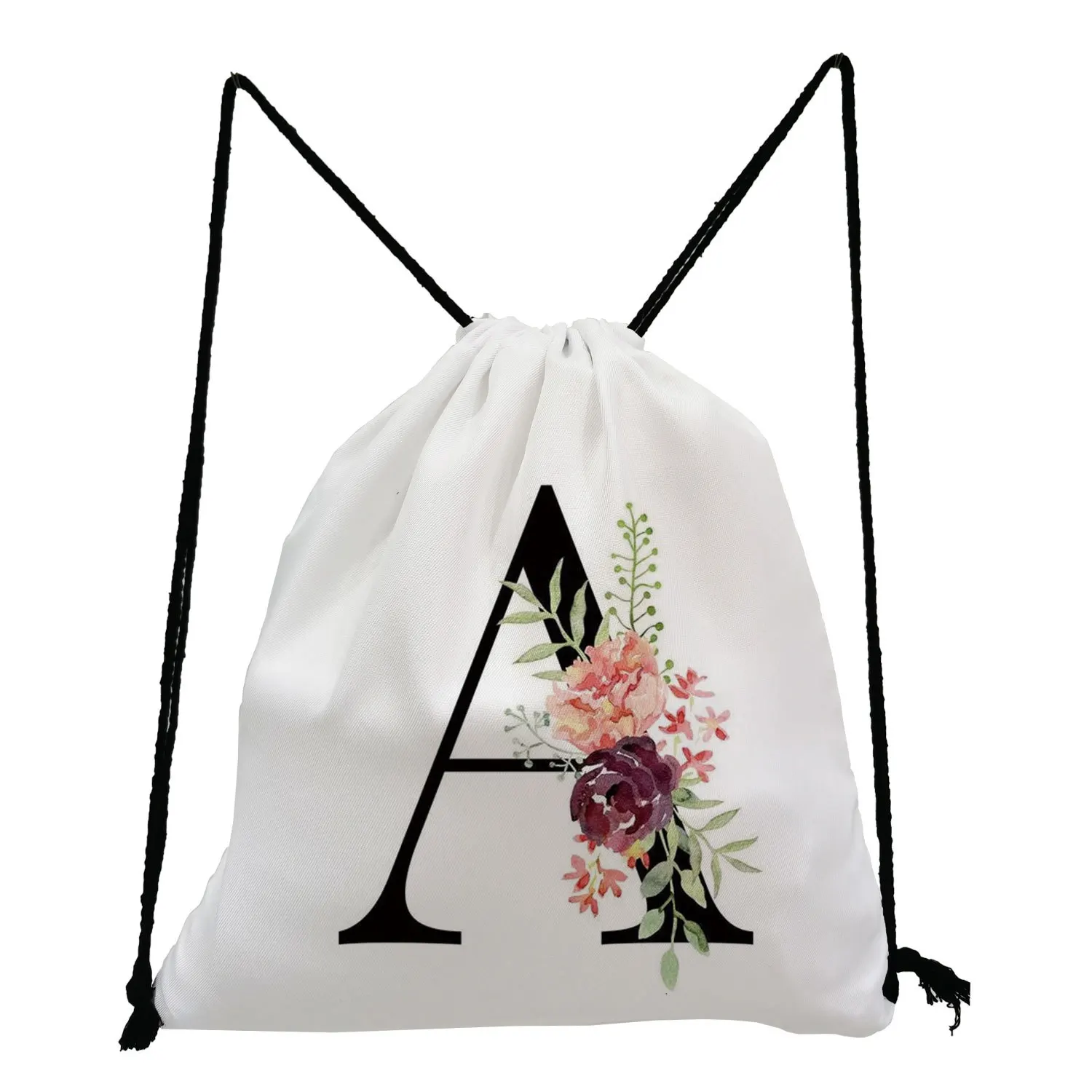 Students Unisex Drawstring Backpack Lightweight A-Z Alphabet Flower Print White Gym Sport Bag with Firm Rope Simple Minimalism