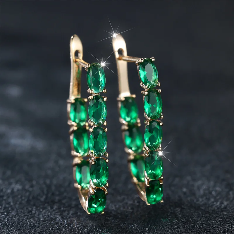 Cute Female Green Oval Stone Clip Earrings Charm Gold Color Zircon Wedding Jewelry For Women