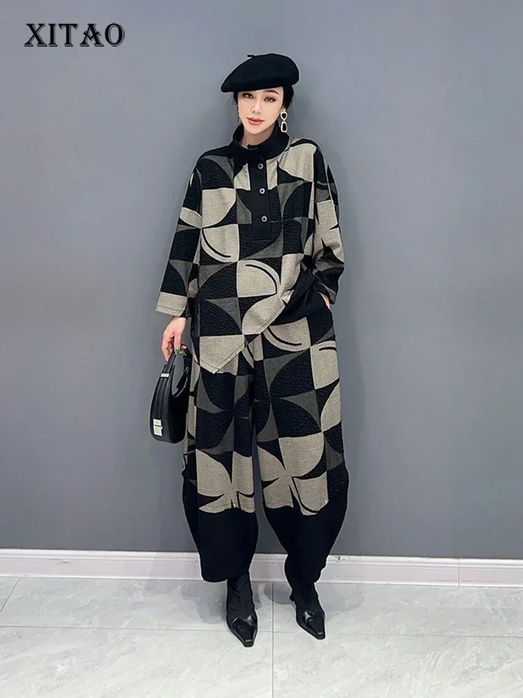 

XITAO Irregular Pants Sets Contrast Color Splicing Fashion Loose Women Long Sleeve Pullover Top Pants Two Pieces Sets HQQ1800