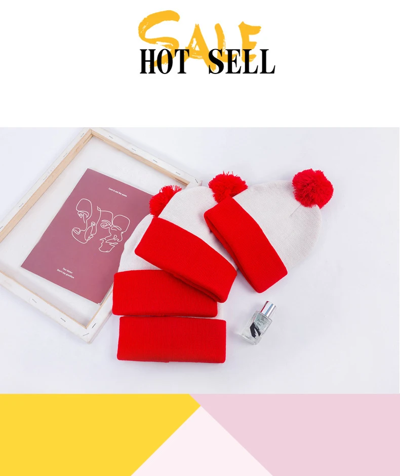 Rote Beanie für Männer und Frauen, Weihnachtsdekoration, farbblockierende Wollmütze, Halloween, gestreift, rote Wollknäuel-Strickmütze – Detail 12