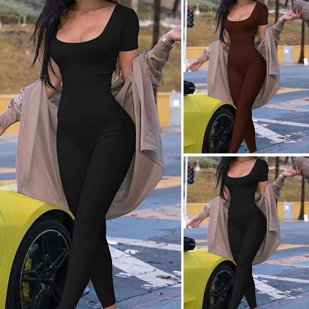 

Elastic Jumpsuit Stylish Women's Summer Sports Jumpsuit with Short Sleeves U Neck Design Butt-lifted Feature for Gym for Active