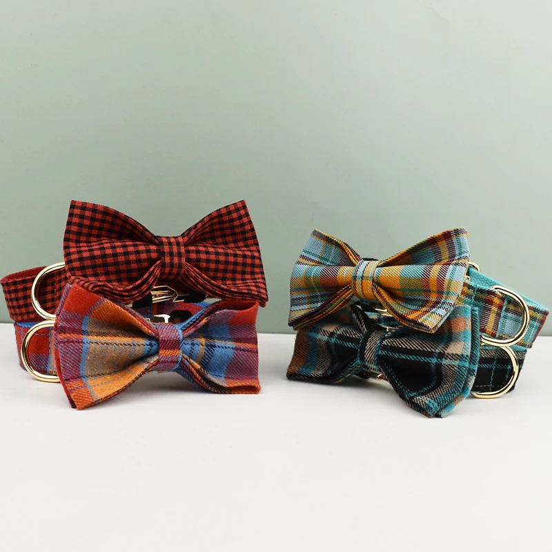 Plaid Dog Collar with Bow Tie Custom Dog Accessories leash set dog collar pet collar pet bow tie