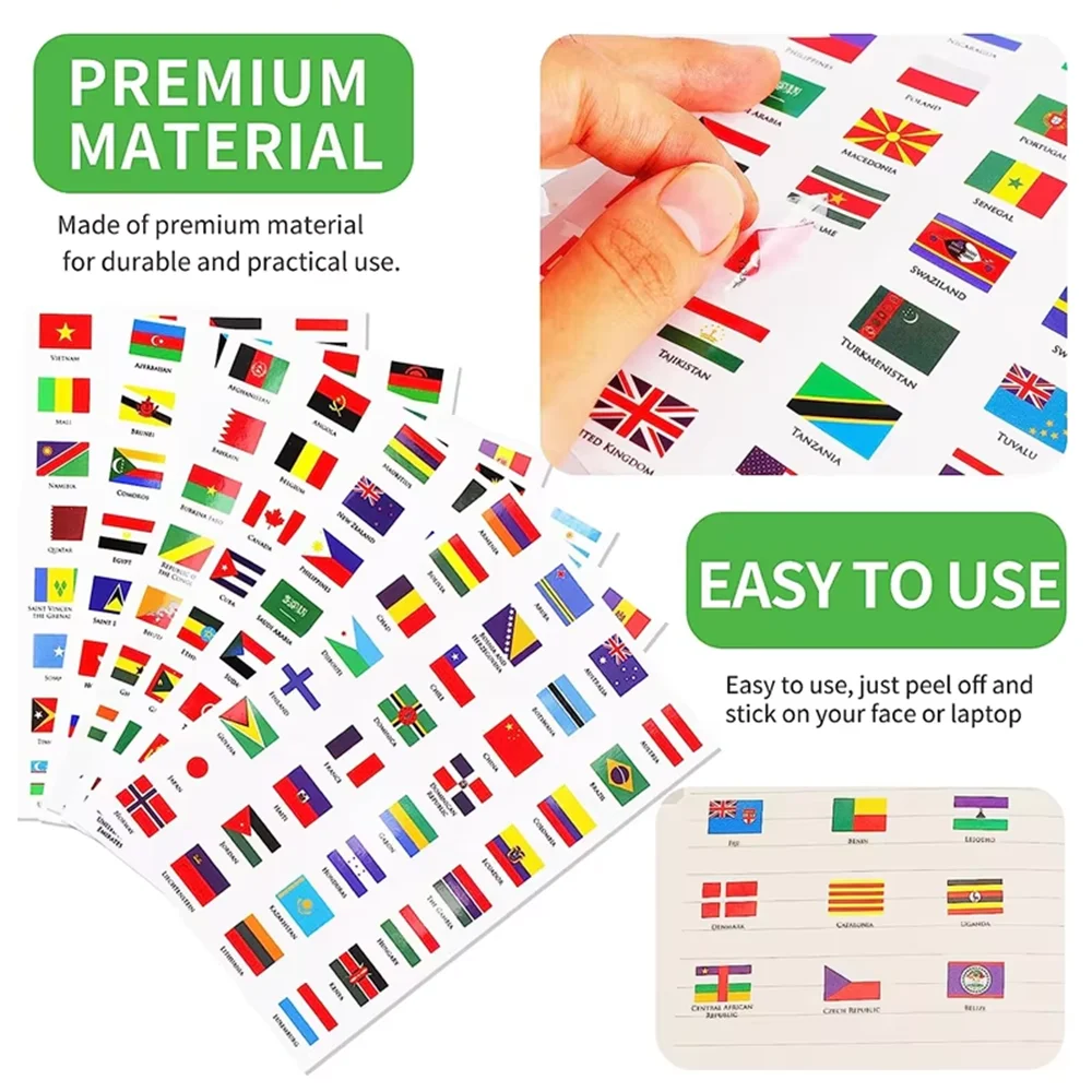 6 Sheets World Flag Stickers Self-Adhesive 192 Countries PVC Planner Travel Stickers Face Stickers for Theme Parties Journal