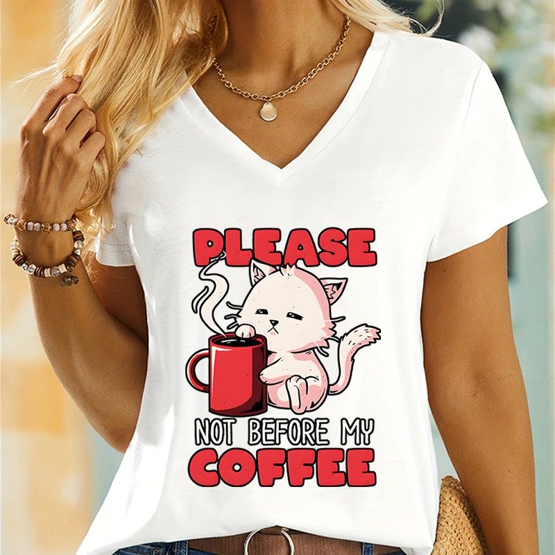

Молодежная одежда для девочек, модная рубашка с рисунком милой кошки, пожалуйста, не раньше моего кофе, Y2k, забавная футболка с коротким рукавом и V-образным вырезом для девушек