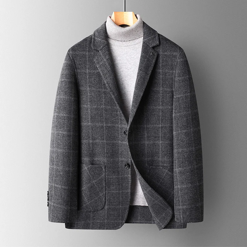 

wool Winter coat men's long cashmere trench coat plaid suit collar double-sided coat
