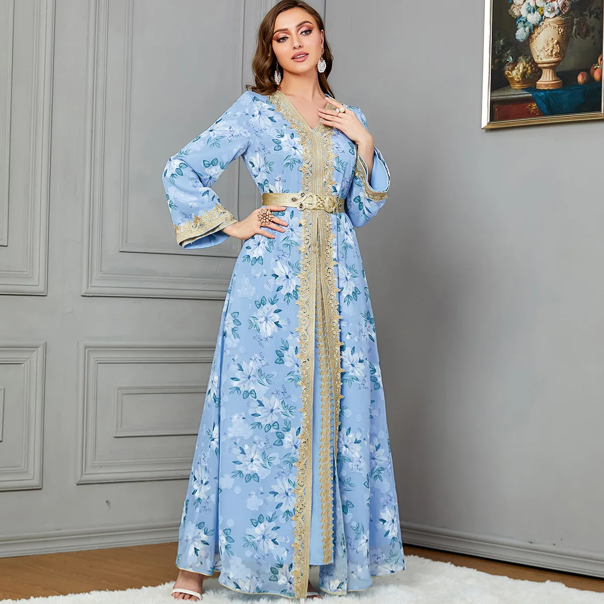 Muslim Suit Set for Africano Woman Party Moroccan Dubai Dress Fashion Printing Full Sleeve Belted Turkish Clothing Dress Set