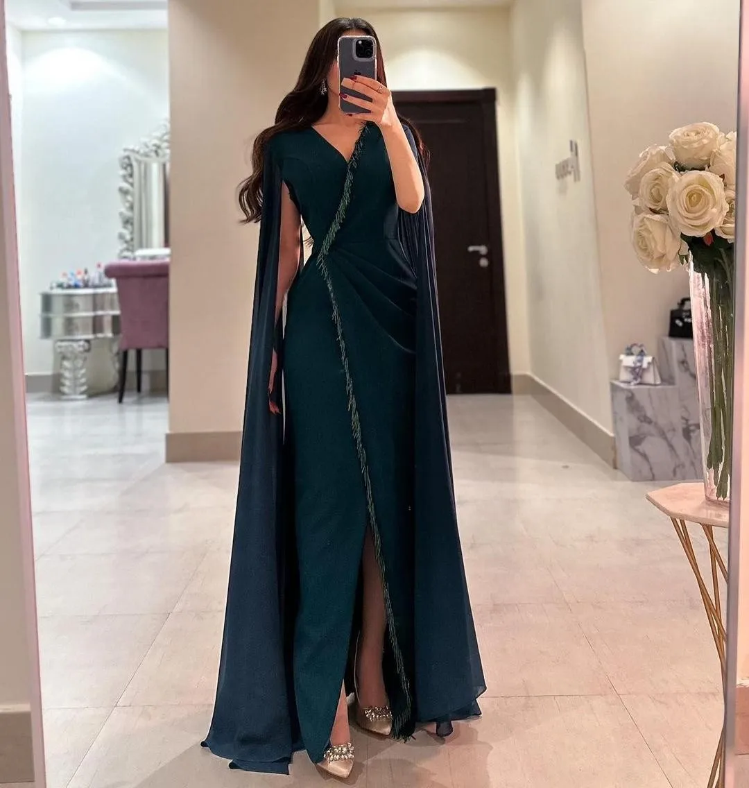 

VD V Neck Flutter Sleeves Evening Dresses with Beading Side Slit Ruched Long Prom Dress Zipper Back Dubai Women Saudi Arabia