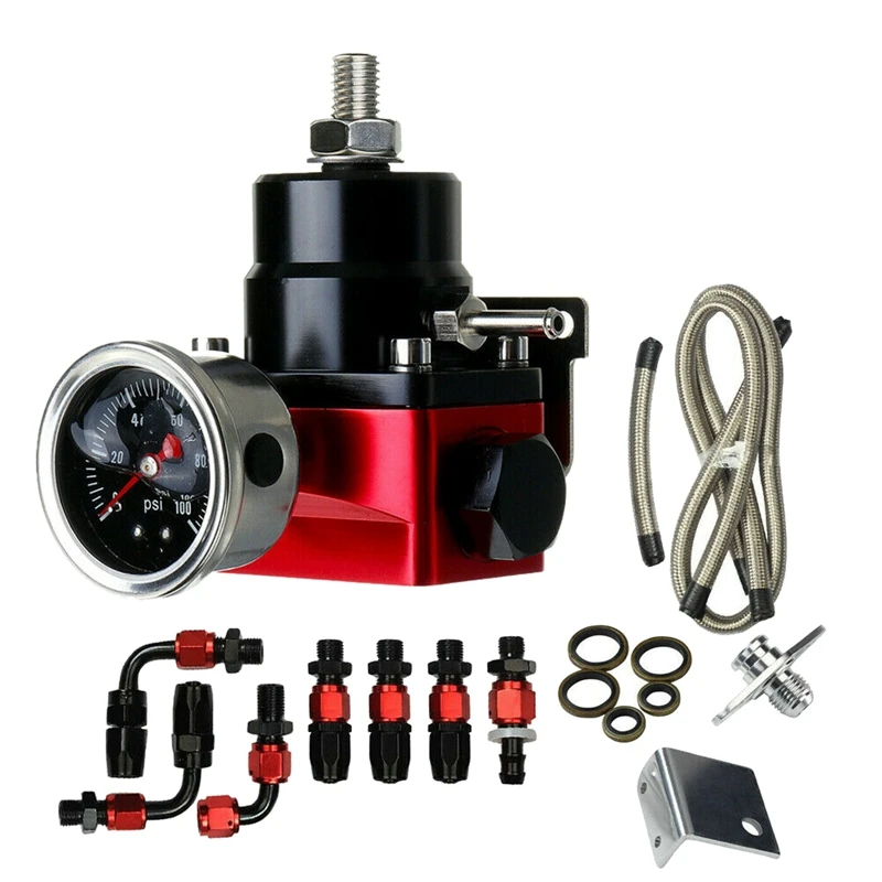 

Black-Red Universal Adjustable Fuel Pressure Regulator Kit With Oil Gauge 0-100 Psi-6AN Fitting End