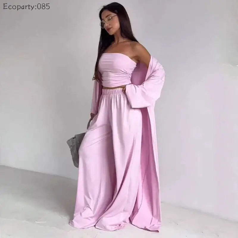 Casual Three Piece Outfit Set with Strapless Top Long Cardigan and Wide Leg Pants — photo 1