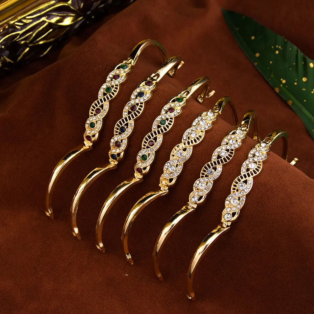 Gold Color Arabic Cuff Bracelet for Women Algeria Morocco Bride Wedding Jewelry DuBai Rhinestone Thin Bangles