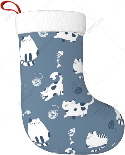 Funny Cat and Fish Christmas Stocking Holiday Fireplace Hanging