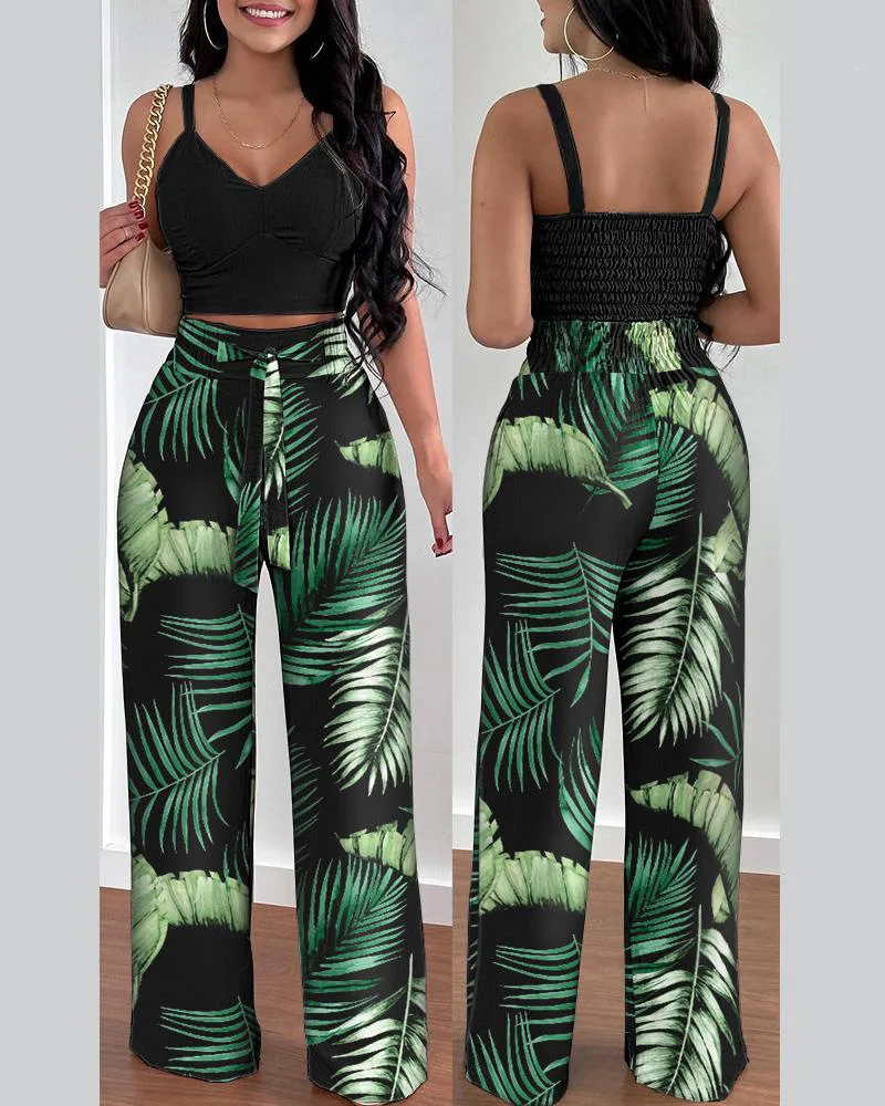 

Sexy V Neck Sleeveless Tops Pants Set Woman Spring Summer Solid Blouse Floral Print Trouse Two Piece Sets For Women Outfit 2023