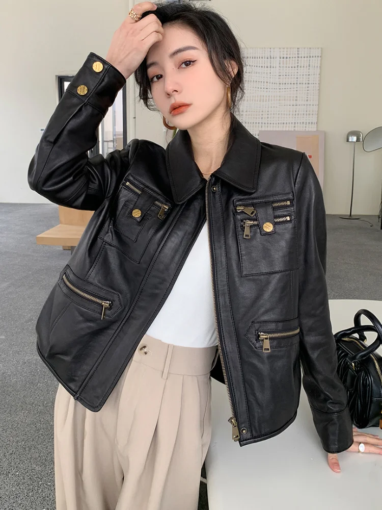 

Black Genuine Leather Motorcycle Jackets for Women 2023 Trend Gold Zipper Design Slim Short Autumn Winter Real Lambskin Coat