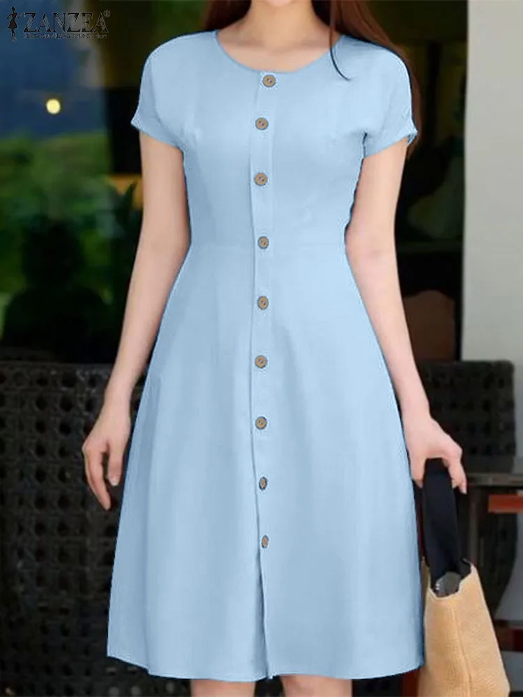 

ZANZEA Summer Fashion OL Work Dress Femme A Line Vestidos Woman Short Sleeve Solid Sundress Vintage Elegant Knee Length Dresses
