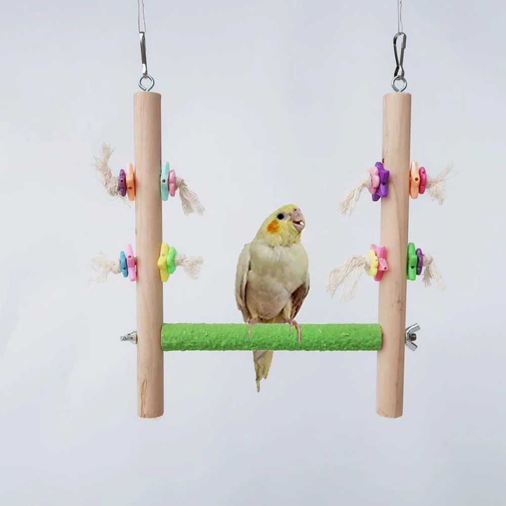 Colorful Solid Wood Bird Swing Toy with Frosted Rod Perch & Claw Care Chew Toy for Pet Bird Parrot Decorative Cage Accessory 1pc
